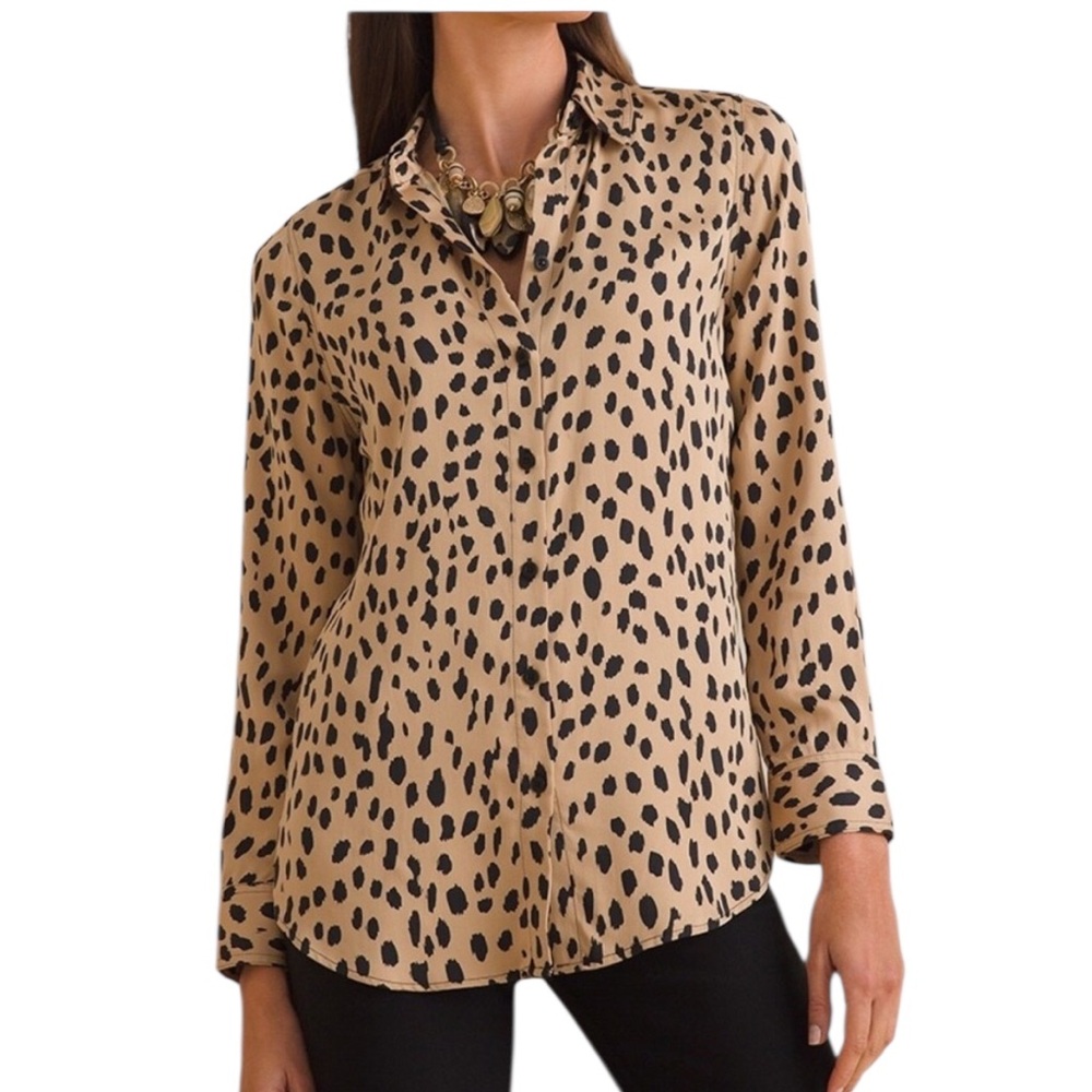 Chico’s Leopard Print Button-Up Blouse Top Tan Black Size 2 Size 12/14 Size L